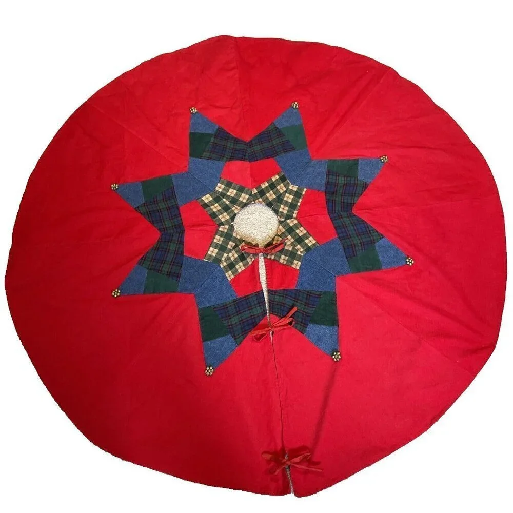 Vintage Pier 1 Christmas Tree Skirt Patchwork Corduroy Denim Jingle Bells 54